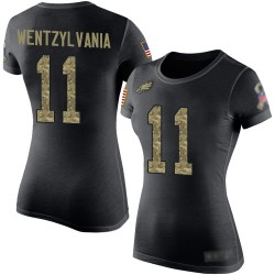 Football Women's Philadelphia Eagles #11 Carson Wentz Wentzylvania Black Camo Salute to Service T-Shirt