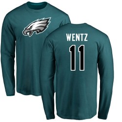 Carson Wentz Green Name & Number Logo - #11 Football Philadelphia Eagles Long Sleeve T-Shirt
